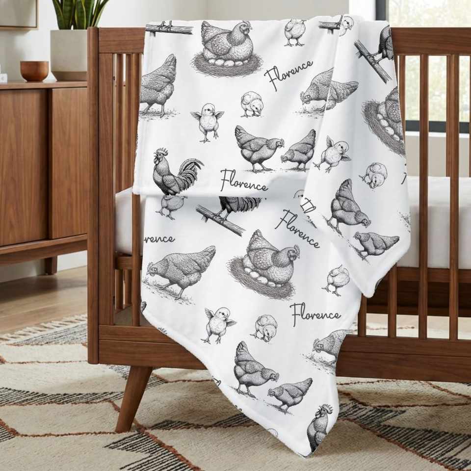 Hens & Roosters Vintage Personalized Name Blanket - 1818
