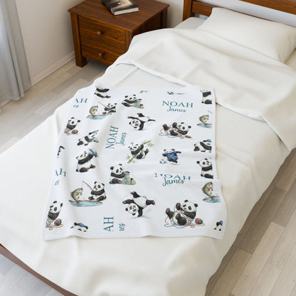 Personalized Cute Pandas Baby Boy Blanket - 1918
