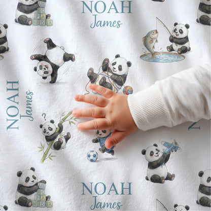 Personalized Cute Pandas Baby Boy Blanket - 1918