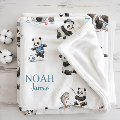 Personalized Cute Pandas Baby Boy Blanket - 1918