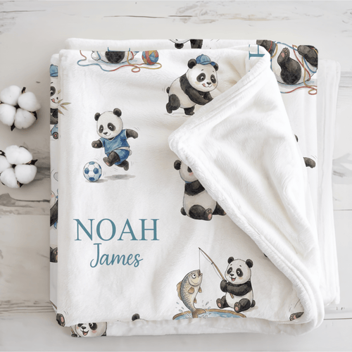 Personalized Cute Pandas Baby Boy Blanket - 1918